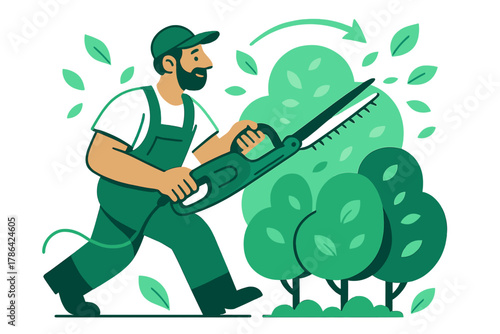 Precision Topiary Artistry. Trimming hedges. Gardener shaping topiary bushes with electric trimmer; clean