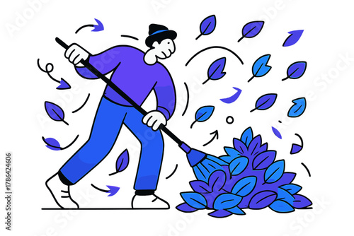 Autumn Leaf Raking. Leaf raking. Autumn scene with person raking colorful leaves into a pile; curved motion