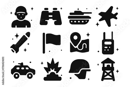Enemy Recon Icons. Enemy Recon. Solid icons set of Enemy Recon: soldier, binoculars, tank, jet, missile, flag, map, radio, armored vehicle, explosion, helmet,