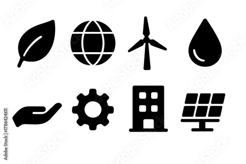 Sustainable Icon Set. Sustainable development. Filled icon set of sustainable development: leaf, globe, wind
