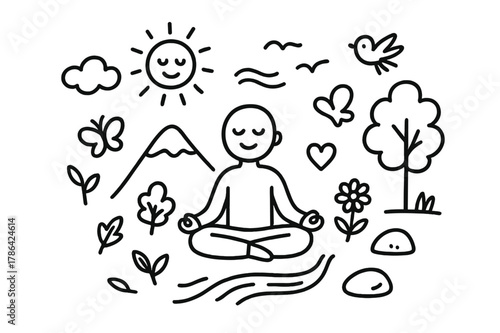 Outdoor Meditation Icons. Meditation outdoors. Hand-drawn doodle illustration meditation outdoors lotus pose figure, mountain, tree, sun, bird, calm face,