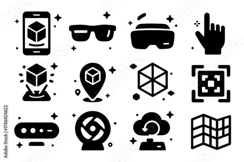 Augmented Reality Icons. augmented reality. Solid icons set of augmented reality: smartphone with AR cube, smart glasses, headset visor, hand gesture, hologram