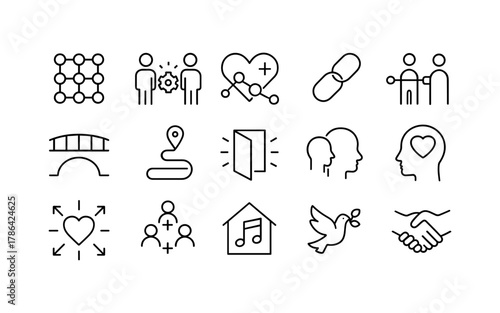 Linear icons of teamwork, health, connection, and harmony