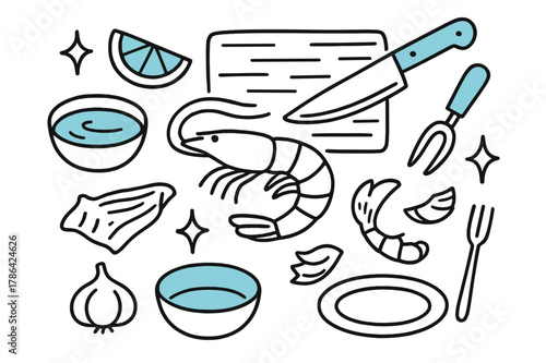 Shrimp Prep Essentials. // Shrimp prep. Hand-drawn doodle illustration Shrimp prep [shrimp (accented), knife (accented), cutting board, lemon wedge (accented),