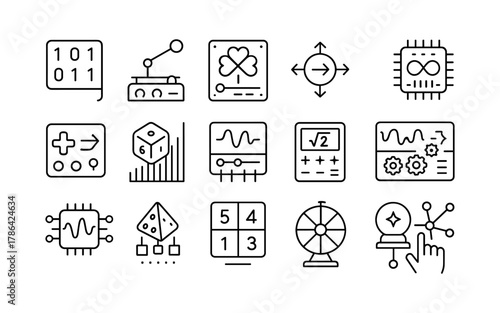 Minimalist linear icons of games, technology, and mathematics for diverse applications
