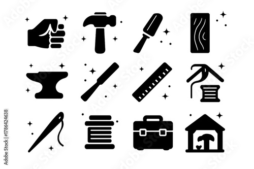 Skilled Work Icons. Skilled Work. Solid icons set of Skilled Work: artisan hand, hammer, chisel, saw, anvil, paintbrush, ruler, wood plank, sewing needle,