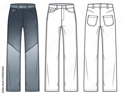 Straight Fit Jeans fashion flat sketch. Denim Pants fashion flat technical drawing template, hight waist, pockets, front and back view, white, grey, women, men, unisex CAD mockup set.