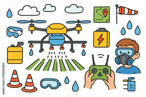 Drone Crop Spraying. Drone crop spraying. Colorful Hand-drawn doodle Children illustration Drone crop spraying quadcopter, spray nozzles, tank, waypoint map,