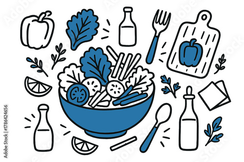 Colorful Vegetable Salad Illustration. // Vegetable salad. Hand-drawn doodle illustration vegetable salad [salad bowl (accented), lettuce leaf (accented),