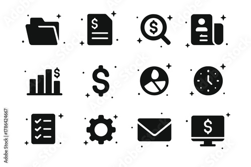 Salary Transparency Icons. Salary Transparency. Solid icons set of Salary Transparency: open folder, document, magnifying glass, bar chart, dollar sign,