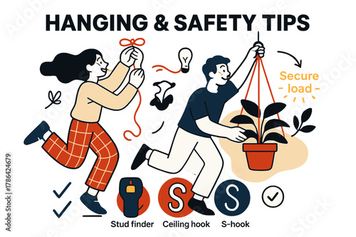 Secure Hanging Tips. Hanging & safety tips. A stud finder, ceiling hook, and S-hook align with checkmarks; ?Secure load? glows beside a plant silhouette. A