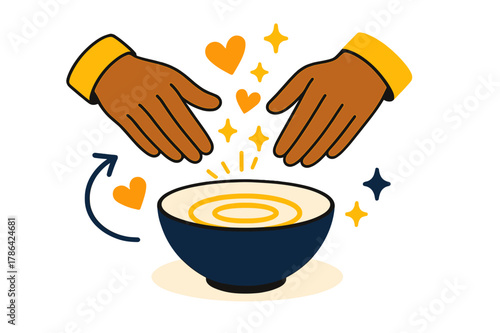 Gratitude Ritual Delight. Mindful Eating ? Gratitude Ritual. Hands hover over a bowl with subtle light rings expanding outward. Tiny heart and sparkle icons