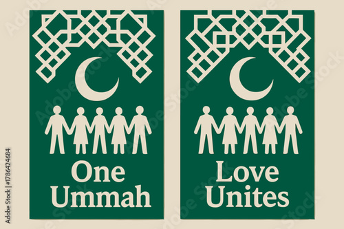 Unity Through Love. Unity of Ummah. Two vertical A6 banners with safe margins, centered composition, no elements touching edges, bold, emerald and cream,