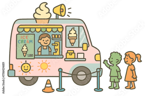 Colorful Ice Cream Truck. Ice cream truck. Colorful Hand-drawn doodle Children illustration Ice cream truck pastel truck, serving window, jingle speaker, price