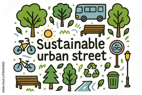 Sustainable Urban Street. Sustainable urban street. Hand-drawn doodle illustration of sustainable urban street