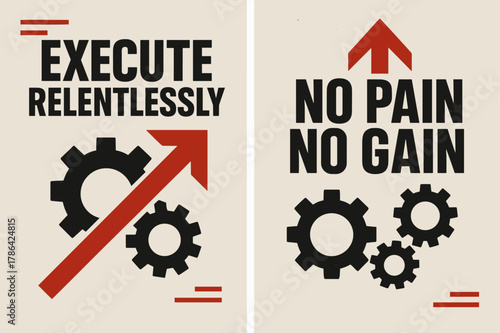 Brutalist Motivation Banners. Execute relentlessly. Two vertical A6 banners with safe margins, centered composition, no elements touching edges, brutalist,