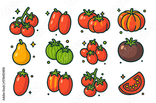 Colorful Tomato Varieties. Tomato varieties. Colorful isometric vector icons set of Tomato varieties: cherry tomatoes, plum tomatoes, beefsteak tomato,