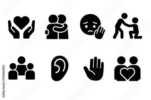 Emotional Support Icons. Emotional support. Filled icon set of emotional support: heart and hands, comforting