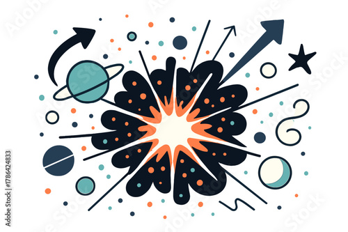 Cosmic Explosion Origins. Big Bang illustration. A glowing cosmic explosion with abstract light rays,