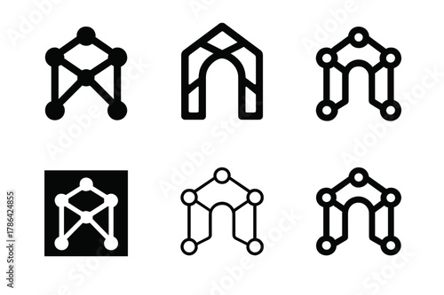 Interlinked Node Logos. Professional networking. Set Logo of Professional networking: interlinked nodes forming doorway. harmonious logo variations of the same