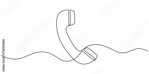 Line drawing handset cell. Single draw phone icon, line art contact us concept, telephone continuous monoline drawing.one line drawing of retro telephone with copy space. Vector illustration