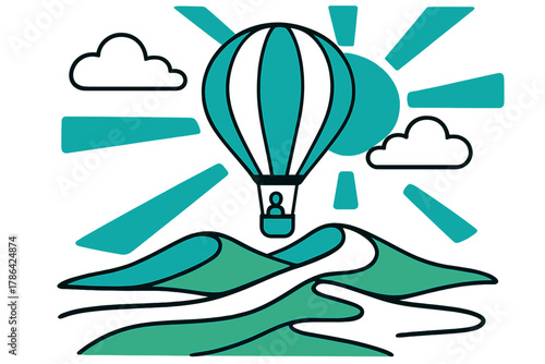 Desert Balloon Journey. Desert adventure. A hot air balloon drifts above winding sand dunes, floating abstract