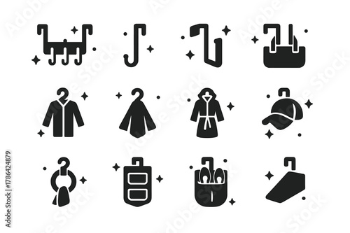 Door Hook Icons. Small space door hooks. Solid icons set of Small space door hooks: over-door rack, slim hook, foldable hook, tote bag, coat, towel, bathrobe,