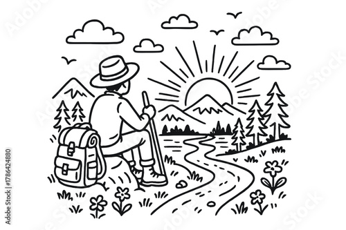 Solo Traveler Sunset. Solo Traveler Sunset. Hand-drawn doodle illustration Solo Traveler Sunset person sitting on rock, sunset, mountains, clouds, river,