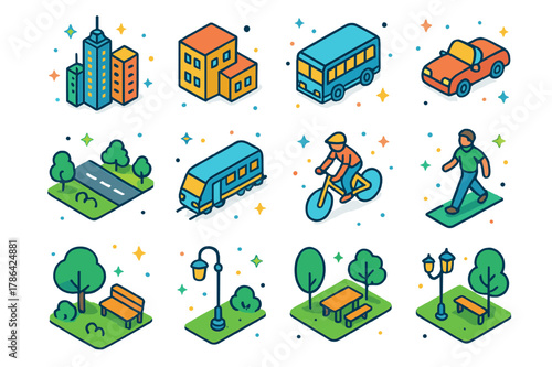Vibrant Cityscape Icons. cities. Colorful isometric vector icons set of cities: skyscrapers, buildings, cars, buses, trains, bicycles, pedestrians, streets,
