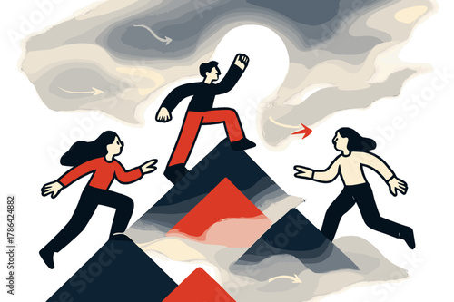 Moonlit Mountain Mist. Abstract Landscapes ? Mountain Mist. Stacked triangles dissolve into soft fog; a moon peeks through with a gentle halo. Tiny arrows