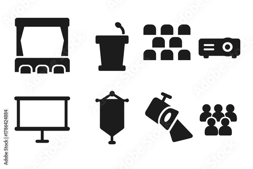 Conference Icon Set. Conference venue. Filled icon set of conference venue: stage, podium, rows of chairs,