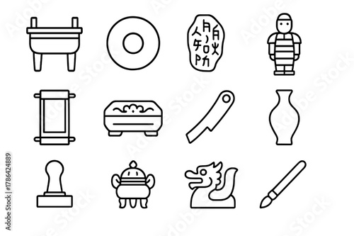 Chinese Antiquities Icons. Chinese antiquities. Line icon set of Chinese antiquities: bronze ding, jade bi disk, oracle bone, terracotta warrior, silk scroll,