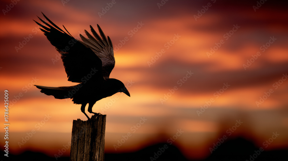 Fototapeta premium Raven landing on fence post at sunset