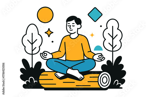 Serene Meditation Enclave. Silent Forest. Person meditating on a log in the forest with floating abstract geometric shapes and soft glowing accents, tranquil