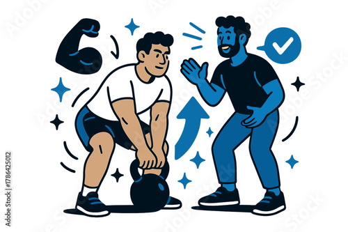 Dynamic Fitness Coaching. Fitness training and personal coaching. Client lifting kettlebells with personal trainer coaching nearby; abstract floating icons,