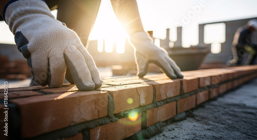 Builders Gloved Hands Laying Bricks on Construction Site at Sunset