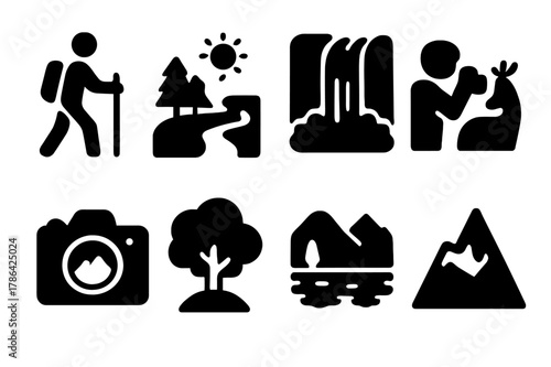 Eco-Tour Icons. Eco-tourism photography. Filled icon set of eco-tourism photography: hiker, nature trail,
