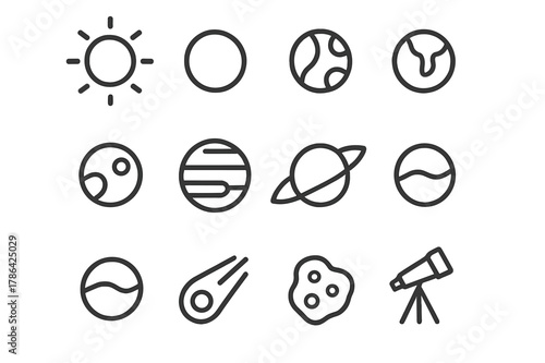 Solar System Outline. Solar system diagram. Line icon set of solar system diagram: sun, mercury, venus, earth, mars, jupiter, saturn, uranus, neptune, comet,