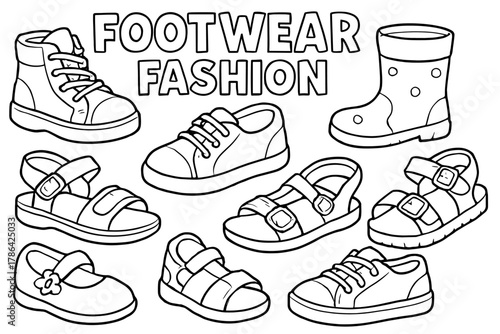 Children's Shoe Coloring. Footwear fashion children?s coloring book illustration, outlined drawing, cheerful