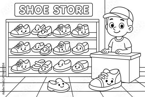 Children's Shoe Store Illustration. Shoe store children?s coloring book illustration, outlined drawing,