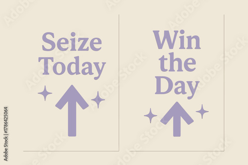 Seize and Win. Seize today. Two vertical A6 banners with safe margins, centered composition, no elements touching edges, minimal, lavender and cream, objects