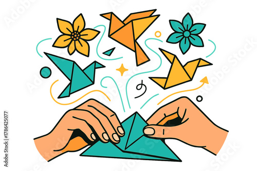Origami Elegance in Motion. Paper crafts. Origami birds and flowers floating above hands folding paper,