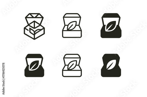 Eco Jewelry Logos. Eco jewelry packaging. Set Logo of Eco jewelry packaging: jewelry box with leaf emblem. harmonious logo variations of the same emblematic