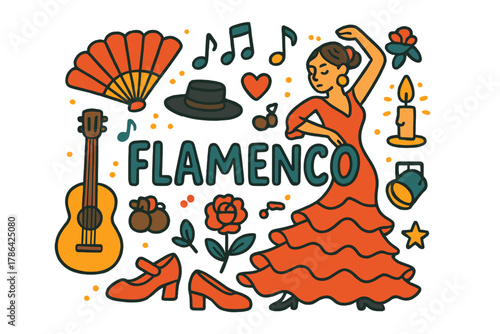 Flamenco Celebration Doodle. Flamenco. Hand-drawn doodle illustration of flamenco. Fan, guitar, dancer, dress,