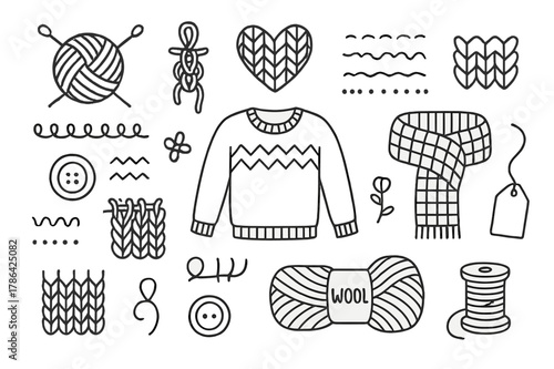 Knitted Patterns Doodle. Knitted patterns. Hand-drawn doodle illustration knitted patterns yarn ball, needles, loops, stitch lines, sweater, scarf, zigzag,
