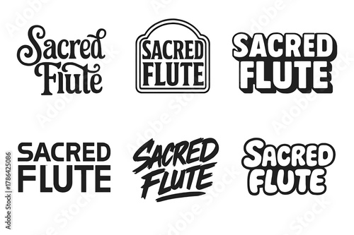 Sacred Flute Lettering. Sacred Flute. Set lettering. harmonious lettering variations of the same emblematic concept (Whimsical curly type with flourishes,