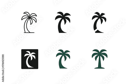 Palm Logo Variations. Palm. Set Logo of Palm: solitary palm tree with curved trunk. harmonious logo variations of the same emblematic concept, each with