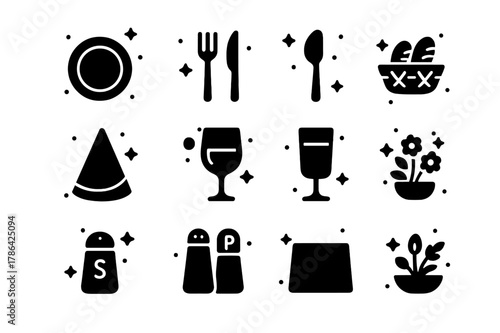 Elegant Dinner Icons. Dinner Setup. Solid icons set of Dinner Setup: plate, fork, knife, spoon, napkin, wine glass, water glass, bread basket, salt shaker,