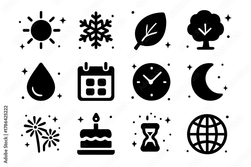 Fototapeta premium Seasonal Icons Grid. Seasons of the Year. Solid icons set of Seasons of the Year: sun, snowflake, leaf, tree, raindrop, calendar, clock, moon, hourglass,