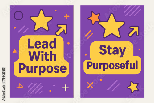 Purposeful Banner Designs. Lead with purpose. Two vertical A6 banners with safe margins, centered composition, no elements touching edges, memphis, purple and
